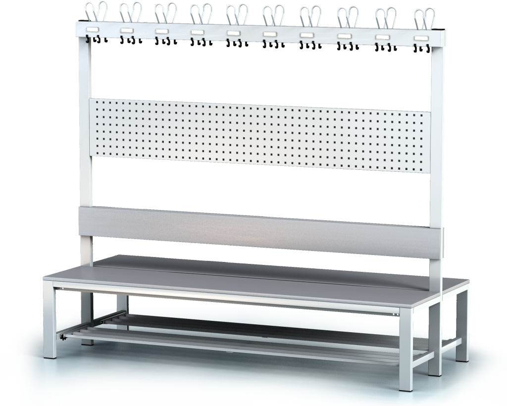 Oboustranná lavice s opěradlem a věšáky, lamino deska - se sklopným roštem 1800 x 2000 x 830